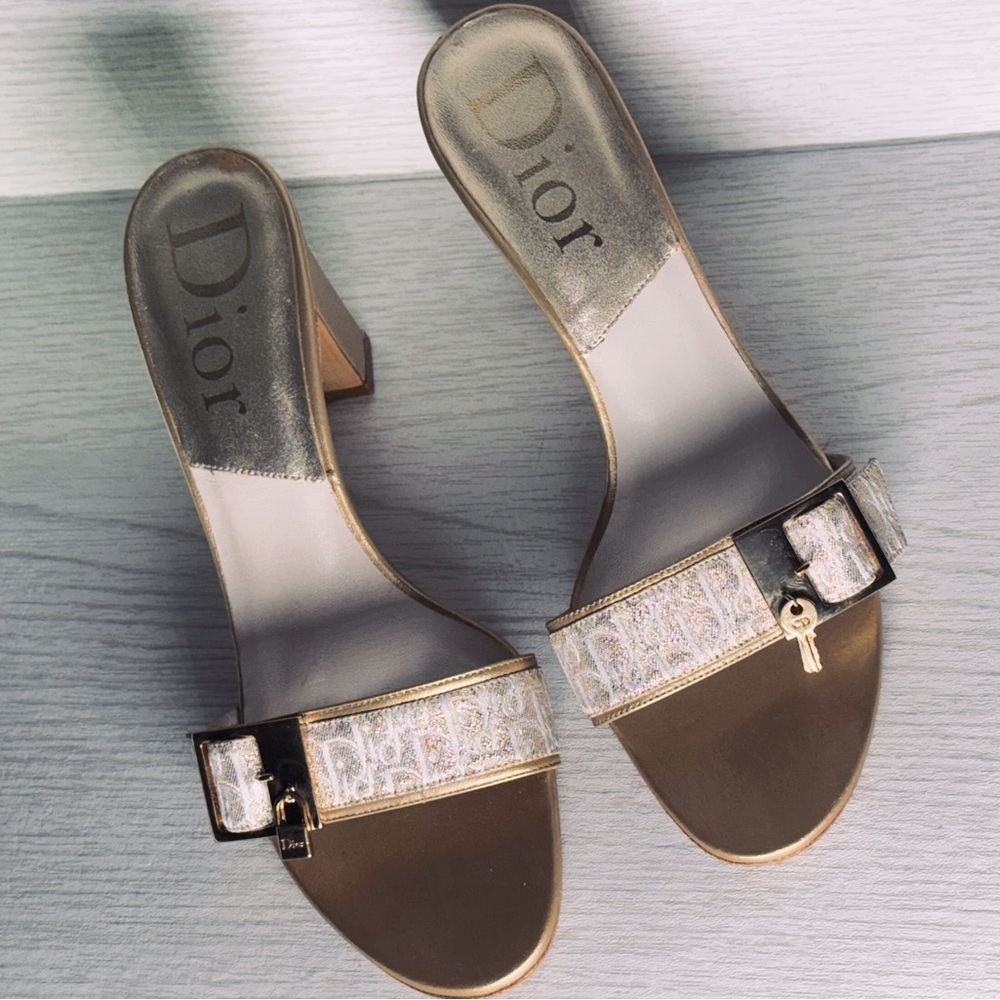 VTG DIOR Trotter Key Monogram Galliano era Mules Heels Slides Sz 38